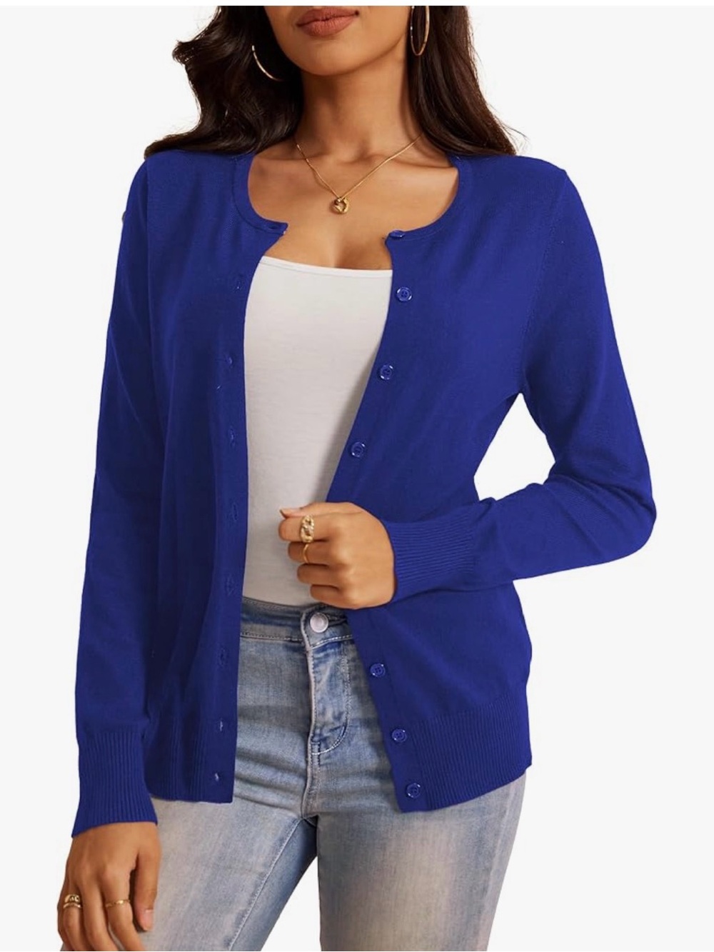 Classic Women's Crewneck Button-Front Cardigan Sweater - Royal Blue